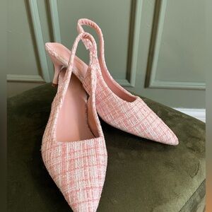 Pink Tweed Slingback Kitten Heels Pointed Toe Size 41